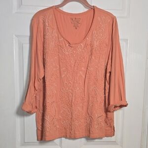 Chico's 3 Or 12 Or Medium Peach Embroidered Blouse 3/4 Sleeve